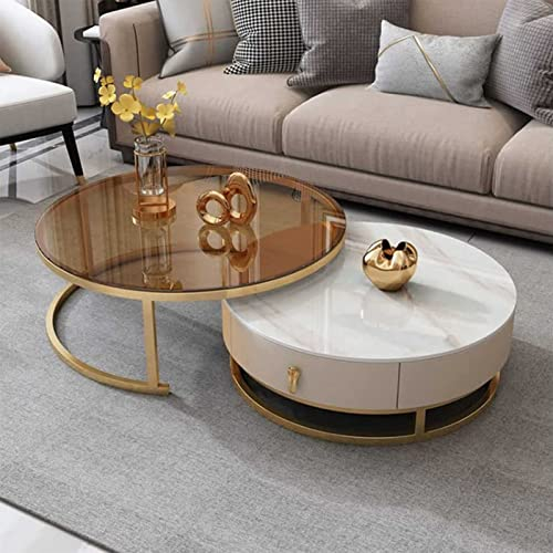 Tables Basses gigognes Modernes - Ensemble de 2 Tables Rondes avec Plateau en Verre trempé et Ardoise, Cadre en métal pour Salon et Chambre.