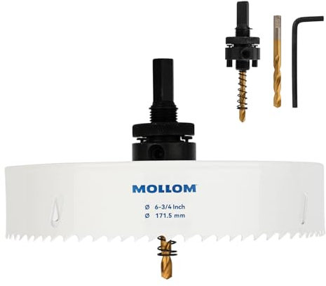 MOLLOM (171.5mm | 6-3/4) Scie-cloche bimétal HSS M42 avec 8% de cobalt avec 2 forets pilotes et mandrin, coupe lisse pour PVC, plaque de plâtre, bois, plastique, plaque de plâtre, caoutchouc