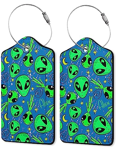 Gepäckanhänger aus Leder für Koffer, Aliens, UFO, Grün, einzigartige Reiseanhänger mit Sichtschutz, ID-Etikett und Edelstahlschlaufe für Männer und Frauen, Gepäck, 2 Stück