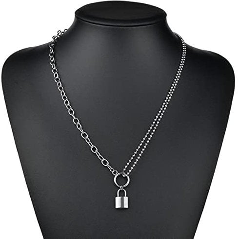 WEITING Hip Hop Multi Layers chain necklace with heart lock women/men punk rock padlock pendant necklace emo grunge Goth jewelry-X011 small lock