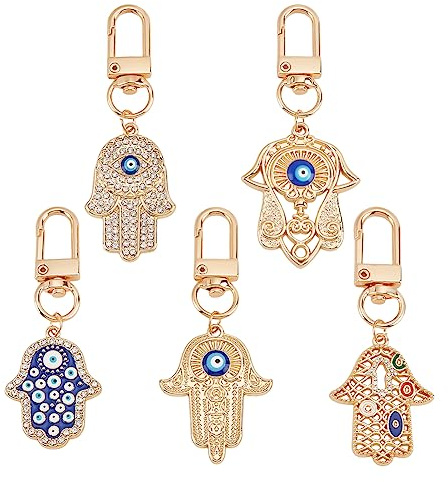 nbeads 5 Stück 5 Stile Hamsa Hand Auge Schlüsselanhänger, Hand Schutz Charm Key Holder Eye Charm Anhänger Lucky Charms Keyring Für Geschenk Schlüssel Tasche Zubehör Ornamente