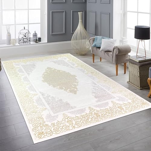 Teppich-Traum Teppich Wohnzimmer Schlafzimmer 120x170 cm Kurzflor Orient elegant edel Ornamente Glanzeffekt Mäander Creme Gold