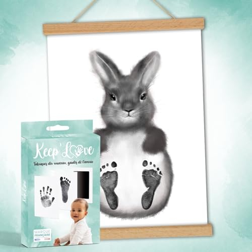 Keep'Love Poster mit Fußabdrücken für Babys, ohne Tinte, Poster Mes Petits Petons Kaninchen, Geschenk zur Geburt, Souvenirs, Wanddekoration, Schlafzimmer, Sticks zum Aufhängen (Format A3)
