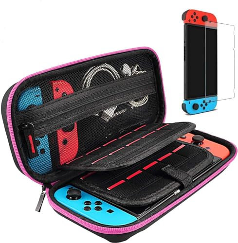 daydayup Switch Case and Tempered Glass Screen Protector Compatible with Nintendo Switch - Deluxe Hard Shell Travel Carrying Case, Pouch Case for Nintendo Switch Console & Accessories (Pink)