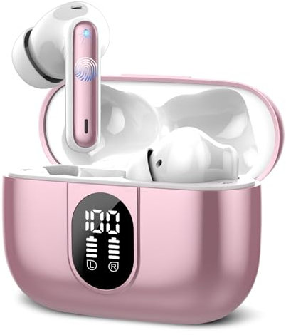 Csasan Bluetooth Kopfhörer, Kabellos Bluetooth 5.3 Tiefer Bass mit 4 ENC Mikrofon, 40 Std Spielzeit In Ear Kopfhörer, Touch Control Noise Cancelling Earbuds, IP7 wasserdichte, Roségold