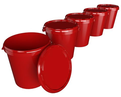 Lot de 5 seaux avec couvercle - 30 l - Fabriqués en Allemagne - Qualité alimentaire - Stable et hermétique - Pour ranger les aliments, les fournitures de bureau, la chambre d'enfant, la maison,