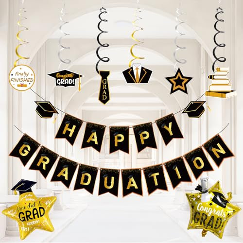 Ballons Abschluss Deko Set 2024 Abschlussdekorationen, 36 Abschluss Deko, Schwarz und Gold, Glückwunsch-Abschlussbanner, Buchstabenfahnen, PVC-Pull-Blumen-Wimpelgirlande, Spiraldekoration, Abschluss