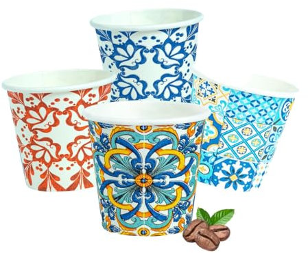 Bicchierini da Caffè 4000 Pezzi, Usa e Getta Biodegradabili 75 ml, Tazzine Caffè Espresso Monouso Compostabili Ecologiche in Carta, Resistenti, con Fantasie Maiolica, per Eventi, Feste, Catering, Bar