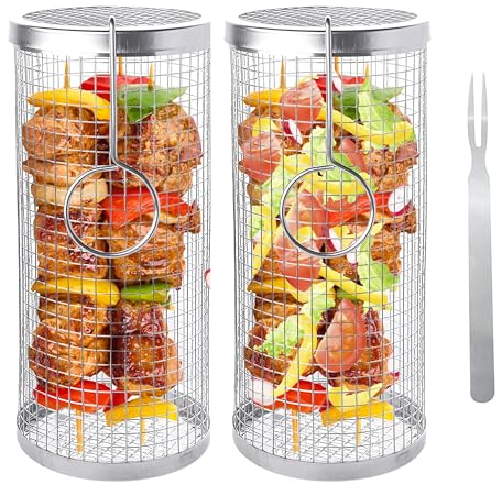 KEAGAN 2 Stück Rolling Grillkorb mit Gabel, Grillkorb Edelstahl, Grill zubehör, Grillkorb mit Griff, Grillkorb Gemüse, BBQ Grill Rack für Außengrill, Grillhalter Grill Korb für Fisch, Fleisch,Garnelen