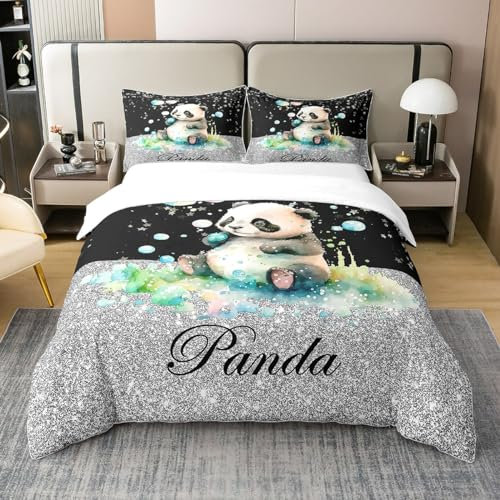 Loussiesd Panda Bettbezug Set 135x200cm Niedlich Tiere Bettwäsche Set 100% Baumwolle Mädchen Schlafzimmer Dekor Niedlich Panda Betten Set Grau Schwarz Glitter Drucken (No Glitter) Bettwäsche