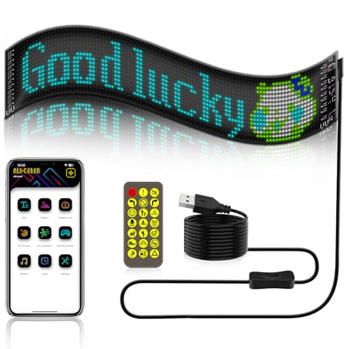 Gemsaya Flexibler LED Anzeigetafel, 59,5 x 12 cm LED Laufschrift Programmierbar, Bluetooth Smart App LED-RGB-Panel, Scrolling Personalisiert LED Matrix Panel mit Fernbedienung für Auto