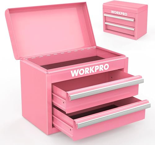 WORKPRO Mini-Werkzeugkasten aus Metall mit 2 Schubladen und oberem Fach, PVC-Futter und PP-Fußpolstern, Werkzeugkiste für Werkstätten, Büros und Zuhause, 27,5x15x20,8cm, Rosa
