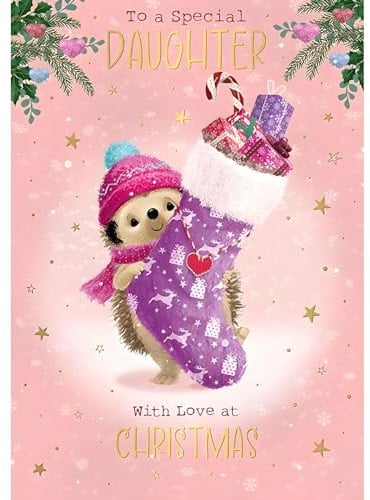 Weihnachtskarte für die Tochter, Igel und Strümpfe, künstlerisches, festliches Design, spezielles Finish, hergestellt in Großbritannien, umweltfreundlich