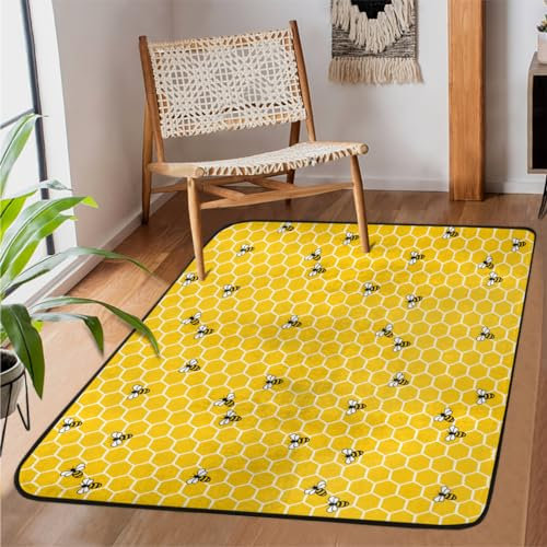 Bee Yellow Honeycomb Area Rugs for Living Room 122 x 160 cm, Funny Bee Area Rug for Bedroom Kids Room Machine Washable Non-Slip Floor Mat Large Rug