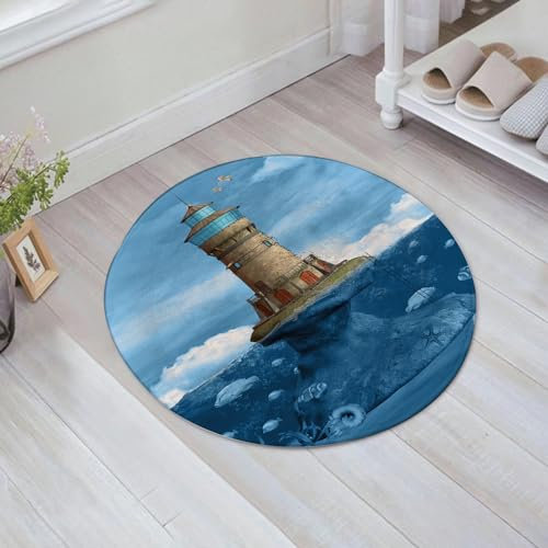 EMFSLA rutschfest Badezimmer Badeteppiche,Weich Hochflor Saugfähig Badvorleger Waschbar Flauschige Mikrofaser Badematte,Leuchtturm Möwen Vögel Architektur maritimes Riff Fische unter Wasser,60x60 cm