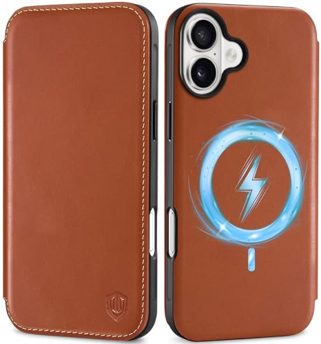 SHIELDON Case for iPhone 16 Plus 6.7, Genuine Leather Slim Fit Wallet [Card Holder][RFID Blocking][Magnetic Wireless Charging]Protective Folio Phone Case Compatible with iPhone 16 Plus - Retro Brown