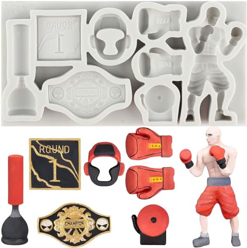MINFEIDMS Boxing Sports Silicone Moulds Box Boxer Cake Fondant Mould Boxing Helmet Boxing Glove Boxing Belt Candy Moulds for Sugar Cake Decorating Cupcake Topper Chocolate Gum Paste Polymer Clay