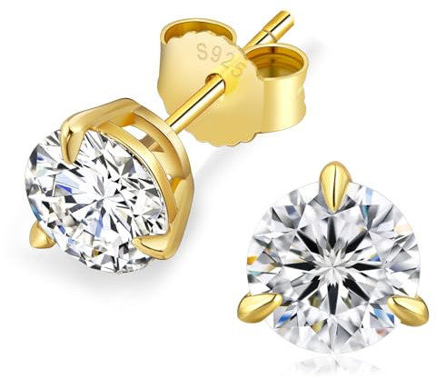 KRKC Moissanite Ohrringe für Damen, S925 Silber Diamant Ohrstecker 3-Krappen, 14K Gold vergoldet VVS1 D Farbe, 2 Karat Nickelfrei Rund Ohrschmuck