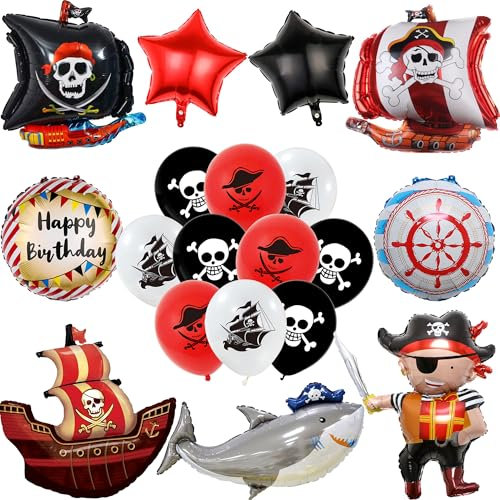 Piratenschiff Luftballons Geburtstagsthema Dekoration Kit - 21 Stück Kinder Geburtstag XXL Haifisch Skelett Muster Piraten Folienballons Helium Ballon für Jungen Mädchen Piratenparty Geburtstagsdeko