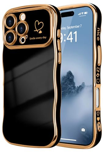 LCHULLE for iPhone 16 Pro Max Case for Women Girls,Cute Curly Wave Frame Shape Love Heart Pattern Phone Case,Raised Camera Protection Plating Shockproof Cover for iPhone 16 Pro Max 6.9,Black