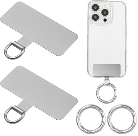 Aeipou Metal Phone Tether Tabs with Spring Rings, 2 Pack Universal Non-Adhesive Phone Lanyard Patch Replacement Part for Most Mobile Devices, Portable Secure Anti-Theft Lanyard Attachment (Silver)