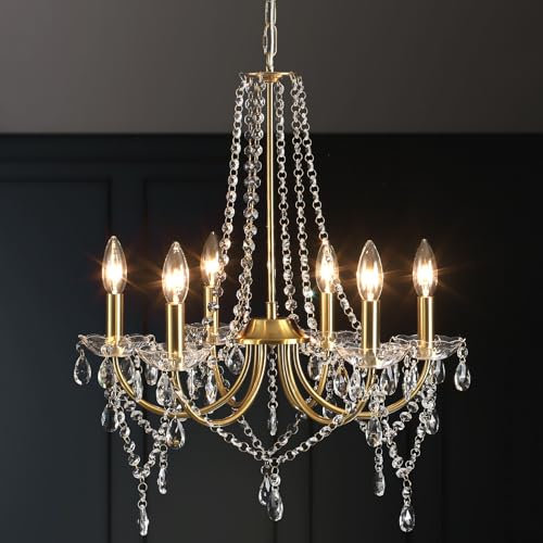 Gold Kristall Kronleuchter Modern, 6 Flammig Vintage Kristall Lampe Deckenleuchte Kronleuchter Wohnzimmer Hängeleuchte E14, Goldene Hängelampe Metall Pendelleuchte für Schlafzimmer Küche Esszimmer