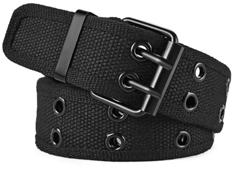VOANZO Cinturón de tela de lona para hombres y mujeres, casual, color sólido, cinturón de doble agujero, cinturón de hebilla de doble pin, ajuste delgado, simple, cinturón táctico al aire libre