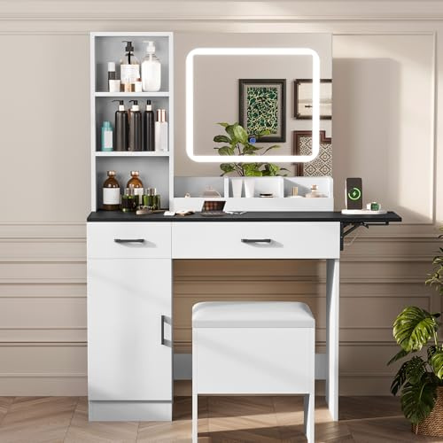 Esmlada Schminktisch mit Spiegel und Lichtern, großes Schminktisch-Set mit 2 Schubladen und Aufbewahrungsbank, Mädchen-Schminktisch mit klappbarem Panel und Steckdose für Schlafzimmer, Weiß & Schwarz