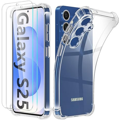Giolus 3-in-1 Case for Samsung Galaxy S25 with 2 Pack Screen Protector, Crystal Clear Shockproof Phone Case with Built-in Camera Lens Protector, Soft TPU Bumper Anti-Scratch Silicone Cover