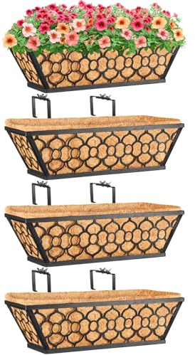 Riare 4 Stück 40,6 cm Fensterkästen Pflanzgefäße mit Kokosauskleidung, Metalldeckgeländer Pflanzkästen, Balkon-Pflanzgefäße, Geländer zum Aufhängen, Pferdetrog, Fenster, Blumenkästen für Außenbereich