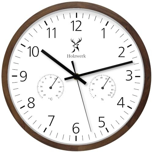 Holzwerk WEGBERG Orologio da parete con indicatore di temperatura e igrometro Umidità Orologio in legno, movimento silenzioso, senza ticchettio, marrone faggio bianco, silenzioso, legno massello