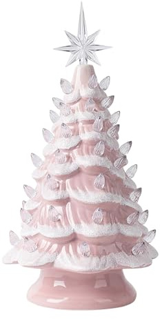 Sunlit Cordless Lighted Ceramic Christmas Tree Vintage Tabletop Christmas Decoration, Pre-Lit Colorful Mini Light Bulbs 13'' Traditional, Ombre Pink