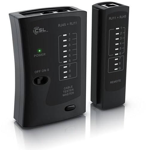 CSL - Netzwerktester - Netzwerk Kabeltester - für RJ45 und RJ11/12(25)/14 Kabel - Patchkabel Tester - LAN network cable tester - 2 Geschwindigkeiten - Prüf-LEDs zum präzisen Testen