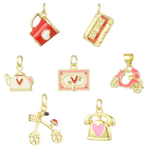Ornazy 7Pcs Mixed Styles Brass Enamel Charms Cute Vintage Teacup Bicycle Tape Charms for Jewelry Making Necklace Bracelet Keychain