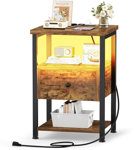 iSunirm Nachttisch mit LED-Beleuchtung, Holznachttisch mit Ladestation, Nachttisch mit Holzschubladen, Nachttische für Schlafzimmer und Wohnzimmer, Rustikales Braun