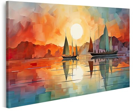 islandburner Tableau sur toile Voiliers au coucher du soleil Peinture de style abstrait Images murales Poster