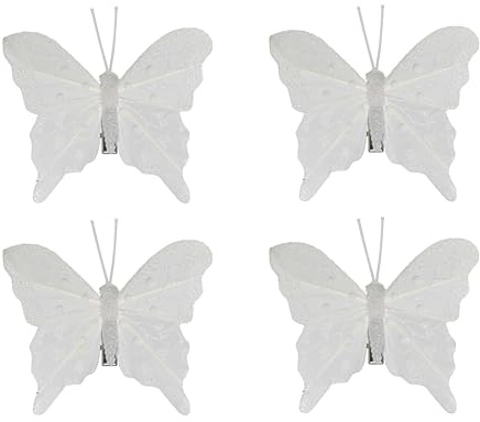 Kaemingk Schmetterling mit Clip 8cm - Deko Schmetterlinge auf Klammer - 4er Set - zum Dekorieren & Basteln - Christbaumschmuck Hochzeitsdeko Frühlingsdeko - Dekoklammern Winterweiß
