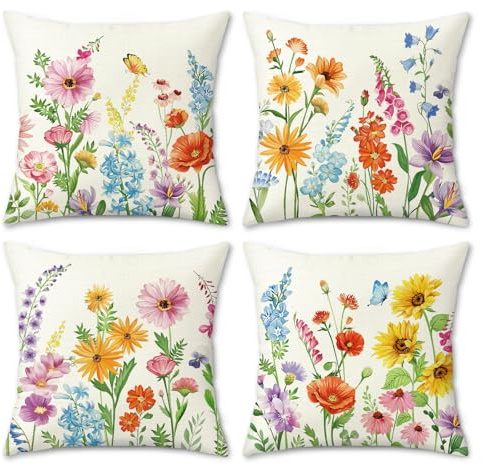 Bonhause Wildblume Kissenbezüge 45 x 45 cm Polyester Leinen Dekorative Kissenhülle Blume Zierkissenbezüge für Sofa Schlafzimmer Auto Zuhause Dekoration 4er Set