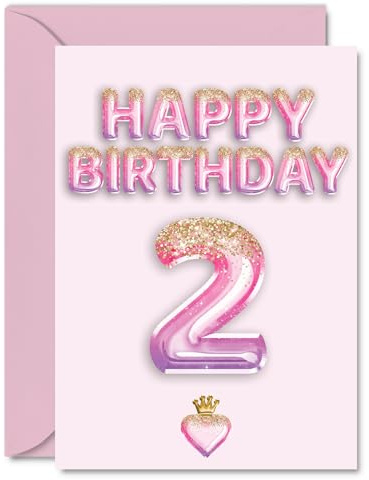 2nd Birthday Cards for Girls and Boys, Pink & Purple Glitter Balloons | Happy Birthday Card for 2 Year Old Boy Girl Granddaughter Brother Sister Nephew, A5 Bday Greeting Cards