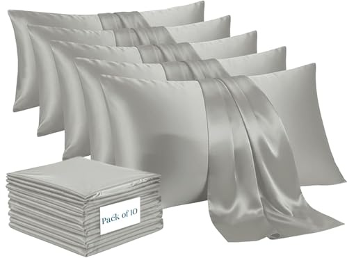Moonlight Bedding Grey Satin Pillow Cases 10 Pack – Soft & Smooth Feels Like Silk Pillowcases for Hair and Skin Care