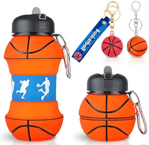 JhavexToy Borraccia da basket/baseball/tennis/rugby/pallavolo/golf/biliardo 550 ml, borraccia pieghevole in silicone con portachiavi per ragazzi, bambini, adulti e appassionati di sport (Basketball)