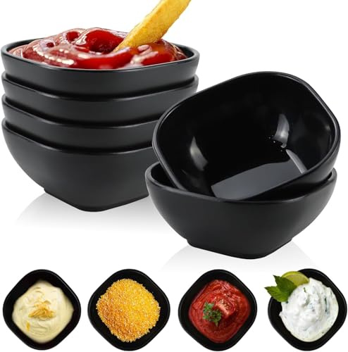 Wrova Ubreakable Dipping Bowls Sets of 6-5oz Mini Serving Dishes for Sauce, Soy Sauce, Sushi & Side Dishes, Microwave & Dishwasher Safe Small Plastic Bowls for Kitchen & Camping - Black