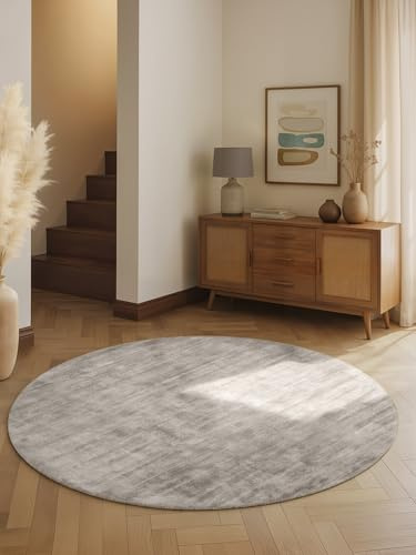 vikosa Viskose Teppich Noemi - Flauschiger Wohnzimmerteppich Rund, Handgemacht & Weich, Einfarbiges Design Handgewebt, Glanz, Kurzflor für Wohnzimmer, Schlafzimmer, Flur - Silber Grau, Ø 200 cm