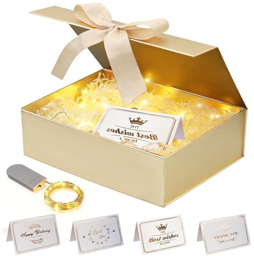 Goldene Geschenkbox Set,22 * 16 * 8.5 cm Geschenkboxgross | Geschenkbox mit Deckel Geschenkverpackung Box mit LED-Leuchten Grußkarten Raffia für Hochzeit Geburtstag Weihnachten Jubiläum