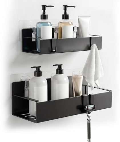 Solyxis 2 Ripiani Doccia senza Foratura, Mensola da Bagno in Acciaio Inox | Mensola da Parete con 4 Ganci Rimovibili, Mensola Doccia senza Foratura, Organizer da Bagno per Piastrelle, Vetro, Nero