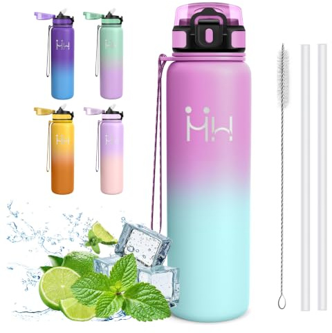 Mujigaga Borraccia Termica, Borraccia 1 litro, Senza BPA, Borraccie con Cannuccia, Senza Perdite, Borracce Termiche, con Spazzolino per Cannuccia, Borracce per Campeggio, Pilates, Lavoro, Trekking,