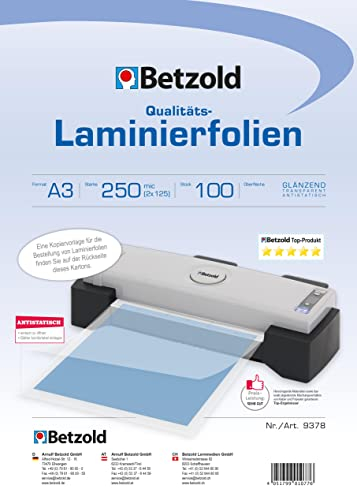 Betzold - 100 x DIN A3 Laminierfolien - Laminieren Schulbedarf Bürobedarf Laminiertaschen 150 mic 250 micron