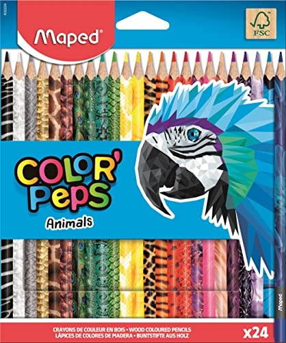 Maped - Pinturas de Madera - Lápices de Colores Animals - 24 Pinturas con Estampados de Animales - Presentación en Caja de Cartón.