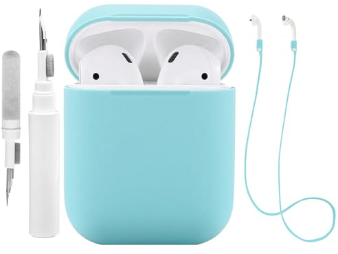 Teyomi Funda de Silicona Compatible con AirPods 2 y 1 con Kit de Limpieza, Funda Protectora Compatible con Apple AirPods 2&1 con Correa Deportiva, Funda Suave para Airpods 1&2 (Azul Claro)