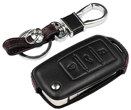 M.JVisun Véritable Cuir Clef Coque Porte-clés pour Volkswagen Beetle Bora C-Trek Golf MK6 Jetta Passat Polo MK5 pour Scirocco Sharan pour Tiguan pour Touran UP 3 Bouton Pliant Auto Clé - Cuir - Noir